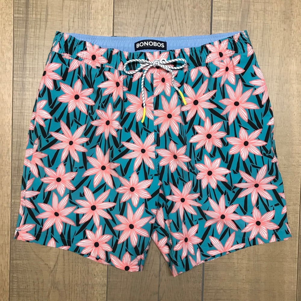 Bonobos Swim Trunks Mens Size M Blue Pink Floral Lined Bottoms
